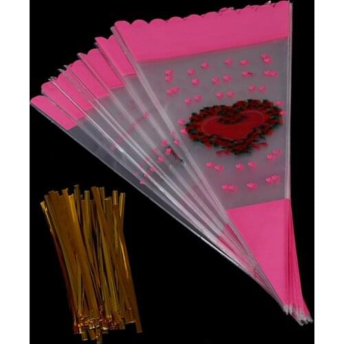 100pcs Candy Bags with Twist Ties 15*26cm Clear Cone-Shaped Treat Popcorn Bags Treat Bags Cone Shape Cellophane Bags
