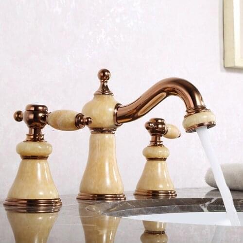Rose Gold clour 8 inch widespread 3 pieces bathroom Lavatory Sink faucet Mixer tap jade stone faucet