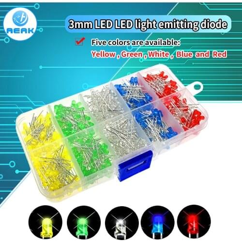 300PCS 500PCS 3mm 5mm LED Light White Yellow Red Green Blue Assorted Kit DIY LEDs Set 3V 20mA