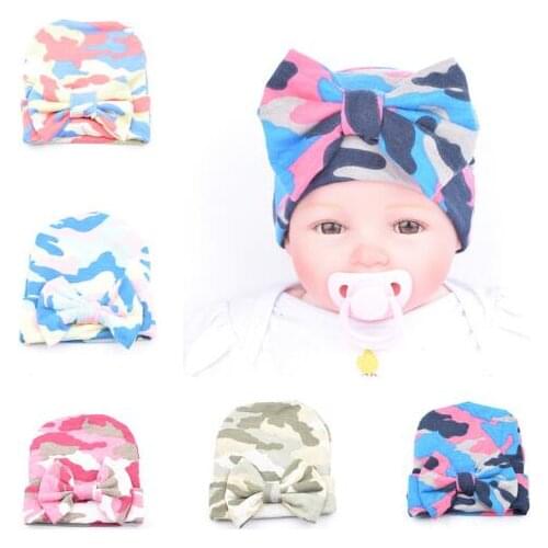 5pcs Baby unisex Hat beanie Camouflage cap Big bowknot infant girls and boys Newborn Hospital Hat baby accessories 5 Colors