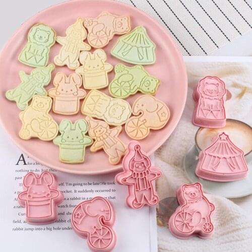 6pcs/Set Circus Pressable Stamped Biscuit Cookie Cutters Mold 3D Cartoon Lion Icing Plastic Press Mould Cake Baking Tools