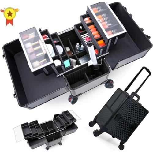 Aluminum frame+ABS Cosmetic Case,Makeup tool Box with wheels,Rolling beauty Suitcase Bag,Large capacity Make-up Trolley Luggage