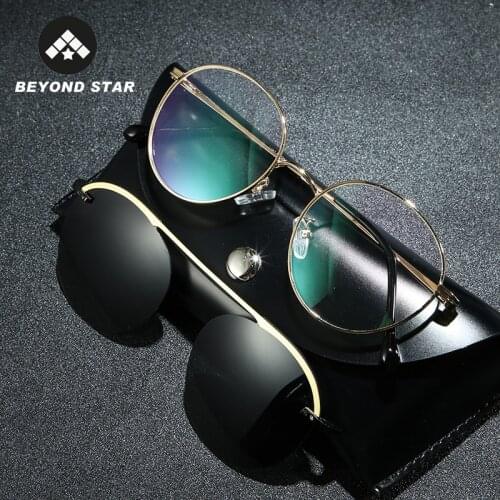 BEYONDSTAR 2019 High Quality Magnet Clip On Glasses Retro Round Polarized Sunglass Men Rose Gold Frame Brand Gafas De Sol G2061