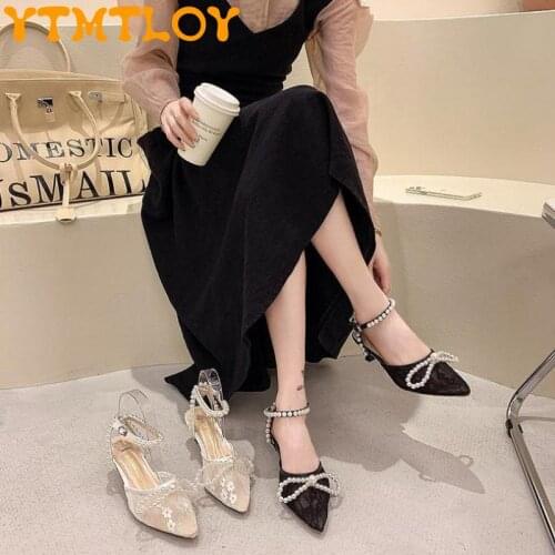 Summer New Super Hot Sexy Baotou Lace Beaded Buckle Fairy Style Fashion Wild Mary Jane Sandals