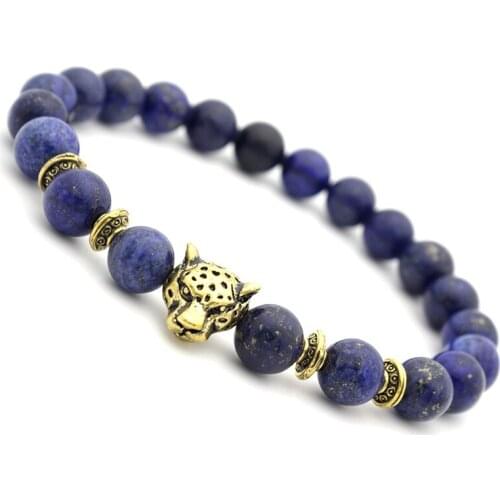 Lapis lazuli Stone Bead Bracelets Set Beeded Lion Leopard Elastic Bracelet 8MM beaded