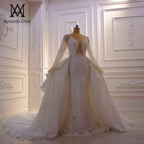 Gaun pengantin Long Sleeve Lace Detachable Train African Wedding Dress 2020