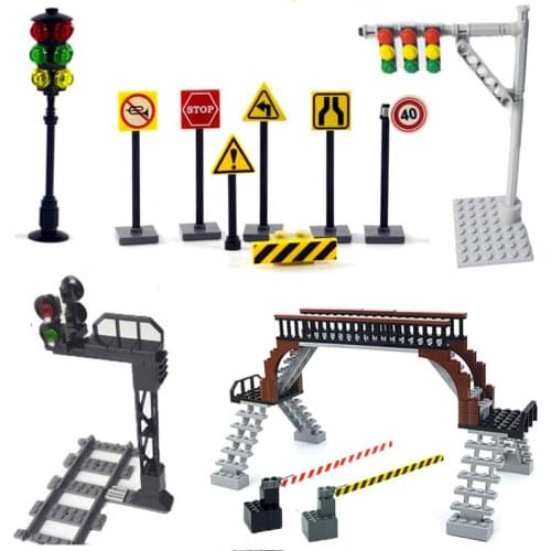 City traffic light street signs Indicator brick Road cross Model Kits building block Accessory Compatible All Brands signpost