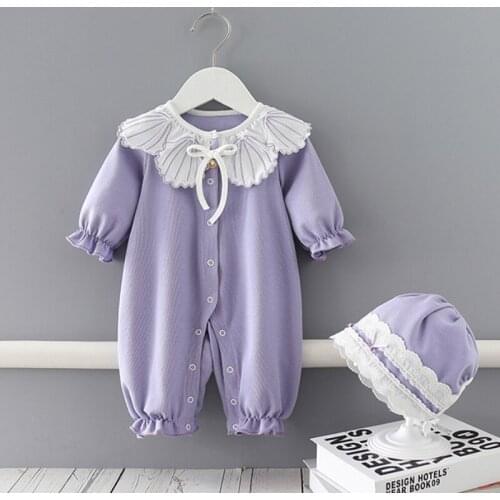 Princess Baby Girls Cotton Lace Romper Infant Toddler Long Sleeve Jumpsuit and Hat Newborn Baby Clothes Spring Autumn Outfits