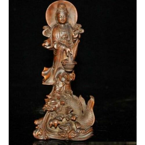 China Buddhis Boxwood wood Dragon fish Kwan-yin Kuan-yin Guanyin Quan Yin Statue