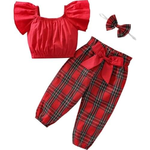 6-36 Months Baby Girls 3 Pieces Set Solid Red U-Neck Short Sleeve Tops+ Plaid Long Pants+ Headband Outfits For Girls