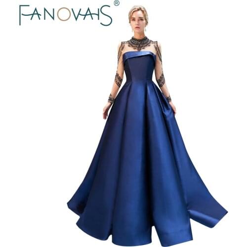 Royal Blue Evening Dresses Long Sleeves High neck Prom Dresses 2019 Vestido de festia longo robe de soiree satin evening gowns