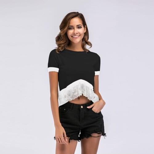 Lace Splicing Tee Summer O-neck Casual Fashion Tee Shirt Short Sleeve Tops Soild Hollowed Out Knitted Base Style Top