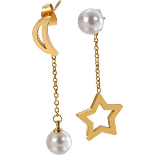 Fashion Women Girls Punk Color Rose Gold Stainless Steel White Pearl Hollow Star Moon Round Chain Drop Earrings Jewelry