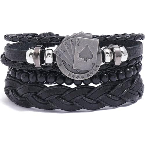 Men Bracelets Vintage Multilayer Leather Braid Bracelets Bangles Alloy Accessories Poker Handmade Rope Wrap Bracelets Jewelry