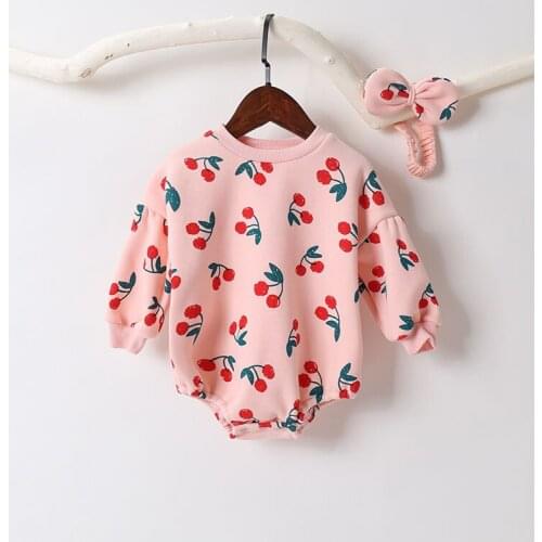 Newest Winter Infant Baby Rompers Pink Cherry Baby Long Sleeve Jumpsuit Baby Girls Boys Romper Toddler Clothing Inner velvet