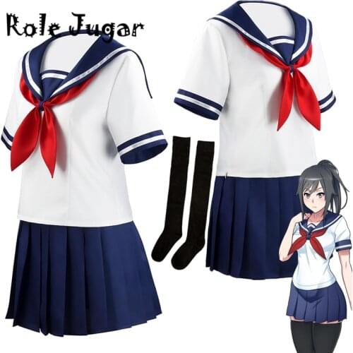 New Arrival Ayano Aishi Cosplay Game Yandere Simulator Uniform Halloween Costume Women Short Sleeve Top Skirt Sailor Suit C36C92