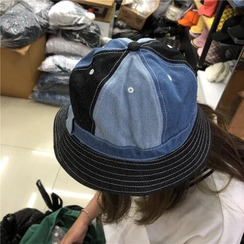 Women Denim Bucket Hat Cotton Twill Washed Bucket Hats Girls Patchwork Fisherman Hat Summer Sun Protective Hat