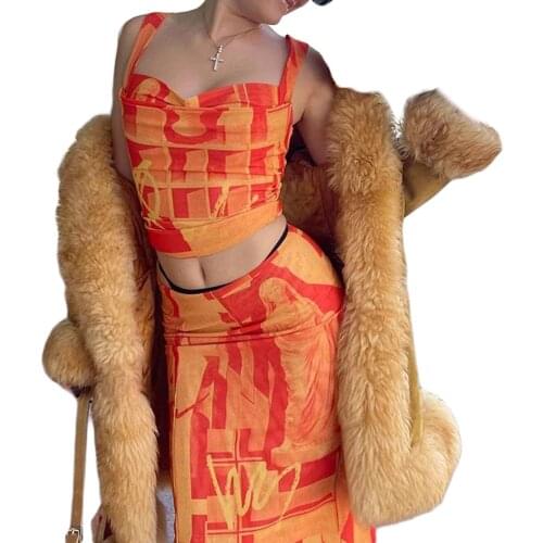 Sexy Womens Suit Two-piece Summer Clothes Casual Set Orange Boat Neck Sleeveless Crop T-shirt and Skirt