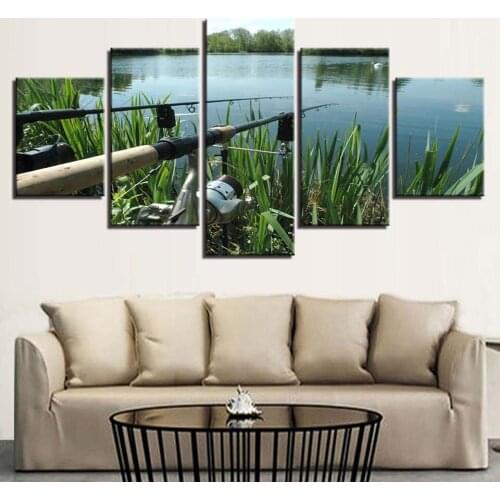 Canvas Art Posters Prints Painting Lake Modular Wall Framework 5 Panel Fishing Rod Pictures For Living Room Home Decoration