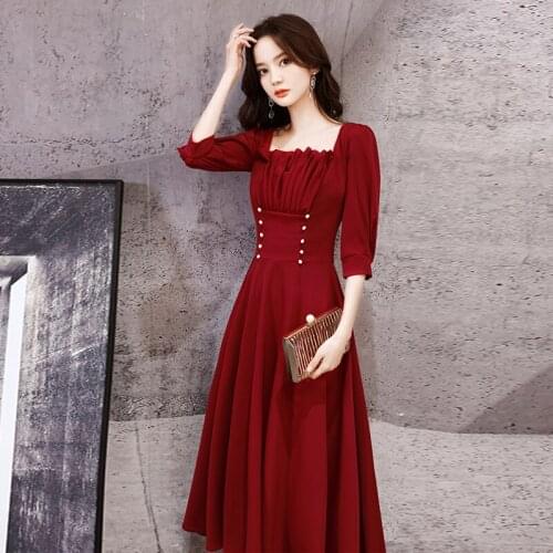 Special Occasion Dresses Vintage Square Collar Half Luxury Burgundy Floor-Length A-Line Satin Pleat Pearls Women Prom Gown E1021