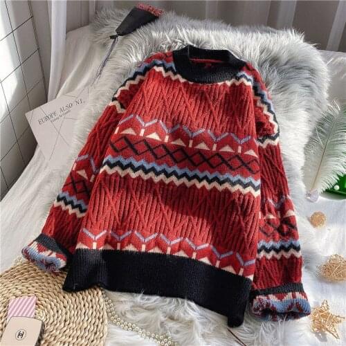 OMCHION Womens Japanese Sweater Pullover 2020 Loose Lazy Autumn Winter Thick Ins Top Vintage Geometric Thick Jumper LYT64