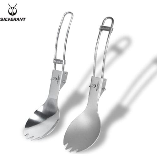 Silverant Titanium Folding Spork Portable Camping Spoon Fork Outdoor Tableware Food Grade Strong Durable Utensil With Fix Chute