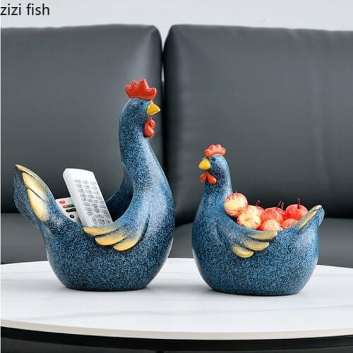 Resin Storage Ornaments Cock Hen Statue Figurines Sculpture Home Accessories Decoration Crafts Key Tray Storage Box Snack Tray