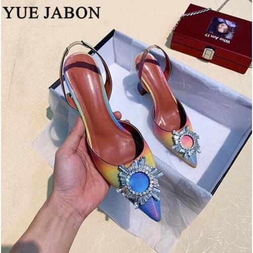 Crystal Buckle Ladies Shoes Slingbacks Rainbow Cup Heel High heels Woman Pointy Toe Rhinestone stilettos Sexy Pumps Sandalias