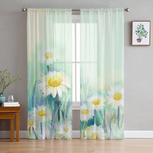 Painting Daisy Flower Window Treatment Tulle Modern Sheer Curtains for Kitchen Living Room the Bedroom Curtains Decoration