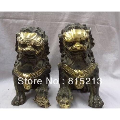 Wang 000264 China Bronze Gilt Animals Sculpture JiXiang Foo Fu Dog Lion Ball Statue Pair