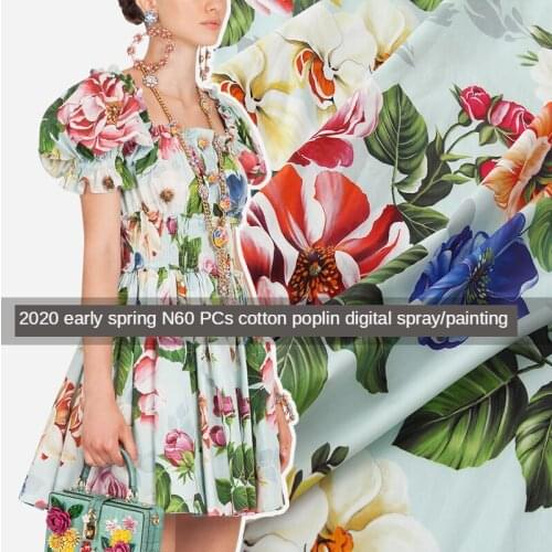 Spring and Summer New Cotton Digital Spray/Painting Lake Water Green Color Floral Poplin Printed Clothing Fabric