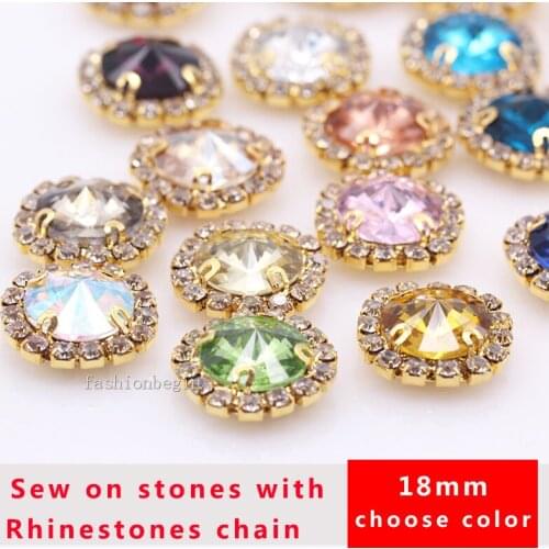 Top quality 6p 18mm round rivoli color flatback glass stone sew on crystal rhinestones jewels wedding dress shoes bags diy trim