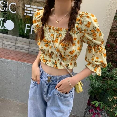 MISHOW Fashion Blouses For Women Floral Print Half Sleeve Casual Summer Tops Square Neck Sweet Female Clothing MXA23X0012