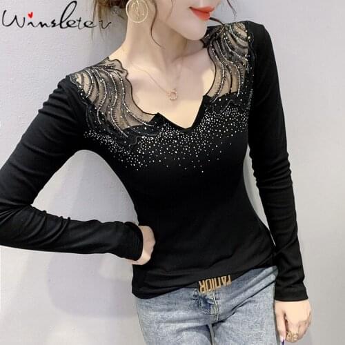 Spring Korean Style Cotton T-Shirt Fashion Sexy V-Neck Patchwork Mesh Shiny Diamonds Beads Women Tops Long Sleeve Tees T18717A