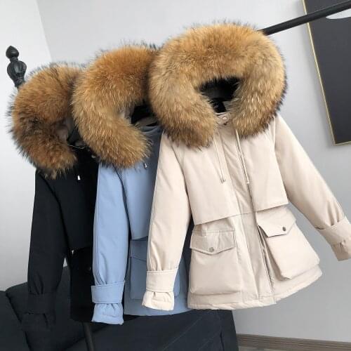 2021 Large Natural Fox Fur Winter Jacket Women Female Thick Warm Loose Parkas Sash Tie Up Snow Outwear White Duck Down Coat