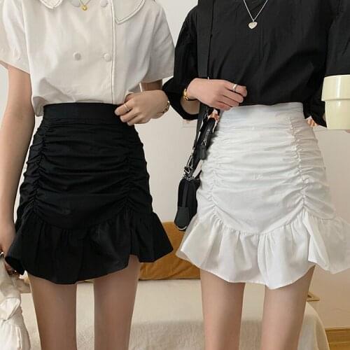 Korean White Fishtail Skirt Womens 2021 Summer Sweet High Waist A-line Mini Skirt Pleated Ruffle Slim Skirt Street