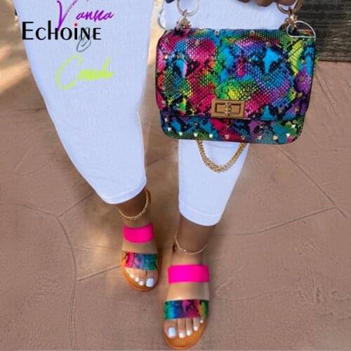 Echoine Women Summer Snakeskin Slides and Purse Two Piece Set Candy Beach Slippers Non-slip Ladies Shoes Sandals Flip Flops