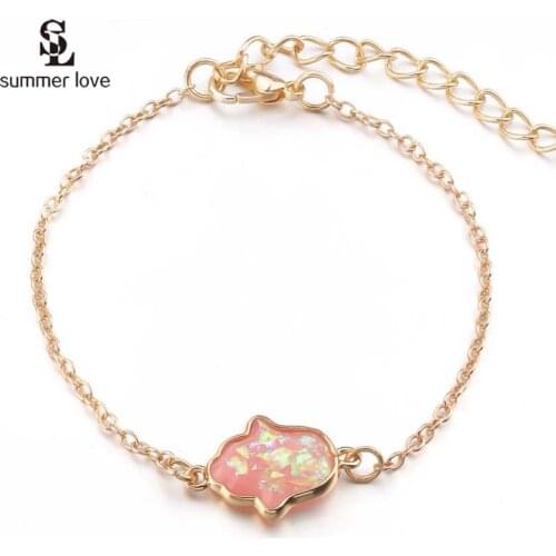 2019 New Resin Opal Charm Bracelet for Women Girl Gold Color Chain Pink Lucky Hamsa Hand Bracelets Friendship Jewelry Gifts