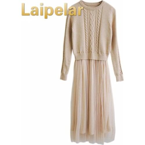 Laipelar Autumn Winter Patchwork Dress Fashion Women O-neck Slim Long Sleeve Knitting Mesh Casual Dress Ladies Tulle Dresses