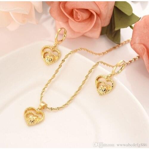 Solid Gold G/F Twin heart flower women Jewelry Sets Europe bridals Wedding jewelry Gift Dubai pendnat earrings diy charms