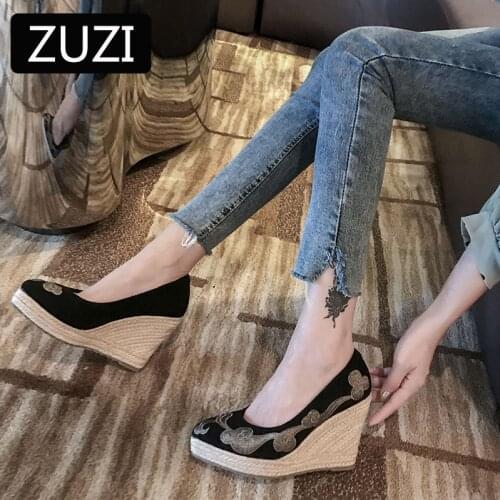 ZUZI 2021 Princess Suede Wedge Single Shoes Womens Printed Embroidery Espadrilles Spring Autumn New Sandals High Heels