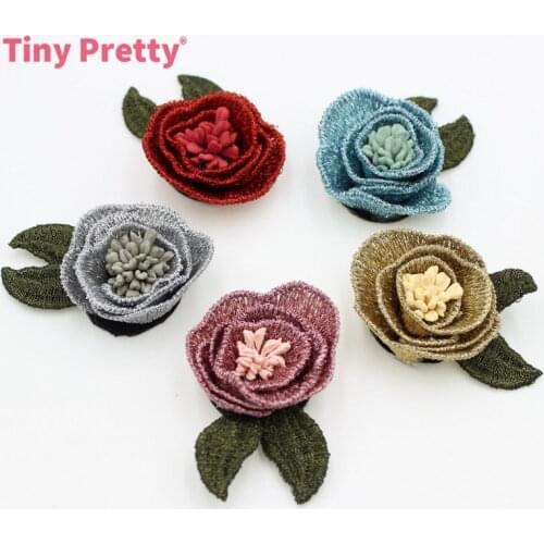 12PCS Retro Rose Flowers Handmade Embroidery Lapel Flowers w/ Green Leaf for DIY Brooch, Lapel, Headband Flowers