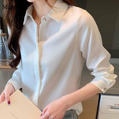 2020 Women Autumn New Long-Sleeve Silk Womens Shirt Elegant Ladies Tops Office Lady Turn Down Collar Solid Blouse Blusas 10618
