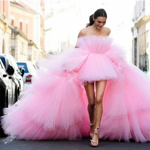 2021 New Design Custom Made Pink Strapless Pincess High Low Tiers Girls Prom Dresses