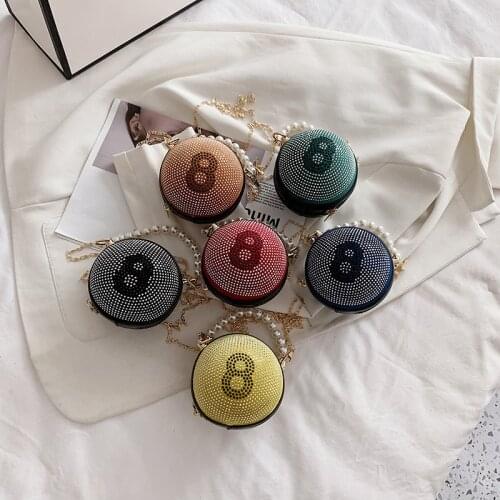 Diamond Billiard Style Chain Shoulder Bag Fashion Handbag for Women Mini Crossbody Purses Pearl Wrist Strap Ball Shape