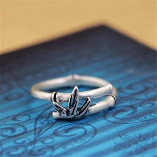 BESTLYBUY 925 Antique Silver Ring for Women and Men Adjustable Size Bone Bamboo Rings Open Bypass Cuff Ring Vintage