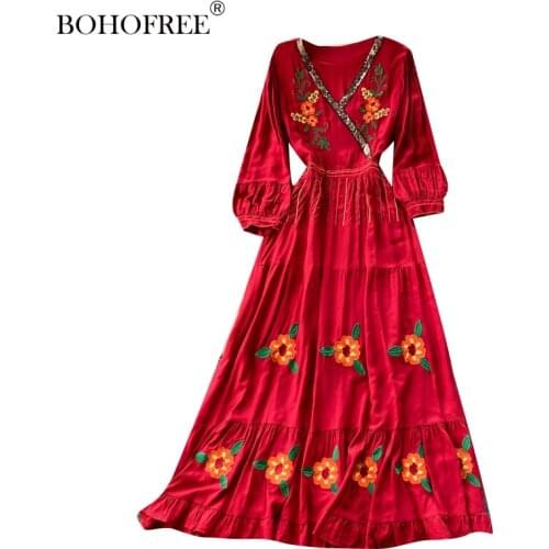 Bohemian Rose Embroidery Floral Long Dress V N eck 3/4 Sleeve Maxi Hippie Vestidos Bohemian Vestidos