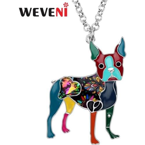 WEVENI Enamel Alloy Crystal Rhinestone Boston Terrier Dog Necklace Pendant Cartoon Animal Jewelry For Women Girl Pet Lovers Gift
