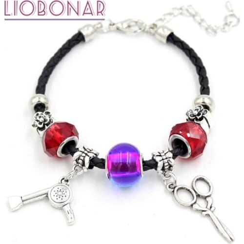New European Bead Braid Leather Bracelet Hair Stylist Dryer Scissors Charm Bangle Bracelet for women Jewelry Gift Bijoux Pulsera