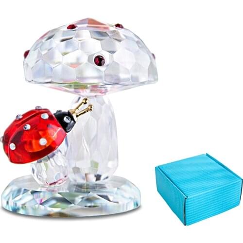 H&D Sparkle Mini Crystal Ladybug on Mushroom Figurine Art Glass Animal Paperweight Home Table Decor Ornament Collectible Gift